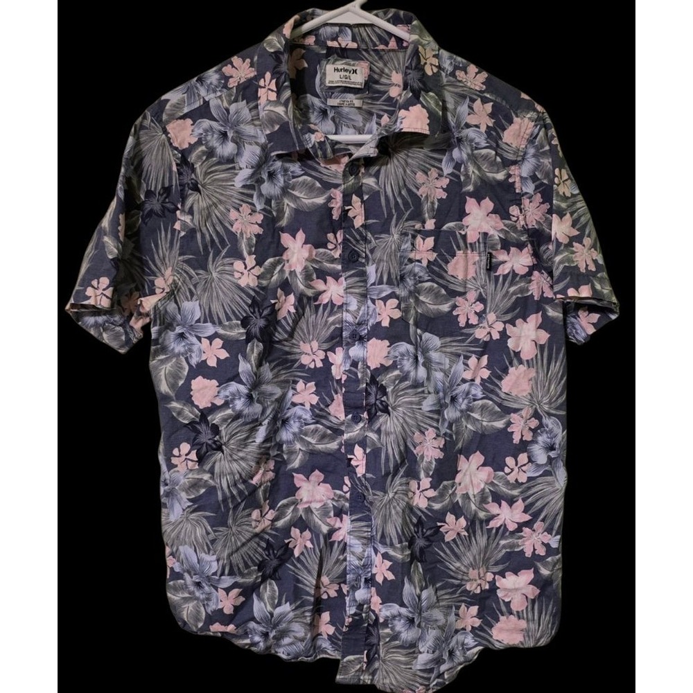 Men's Hurley Navy Pink Floral Casual Button Down Shirt L Resort Vacation